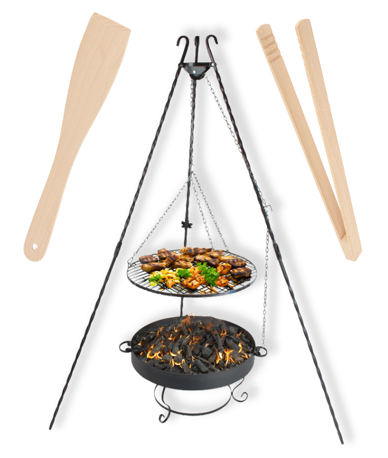 KOMPLET GRILL OGRODOWY TRÓJNÓG PALENISKO RUSZT NIERDZEWNY 60 CM